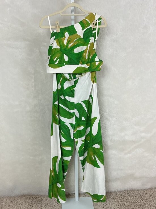 FARM Rio Pants - Farm Rio Green Ivory Monstera Leaf One Shoulder Cut Out Jumpsuit Linen Blend XL